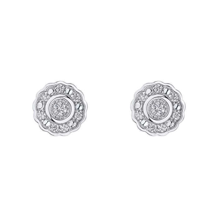This is of Bezel Set Diamond Cluster Stud Earrings in 9ct white Gold on  a white background