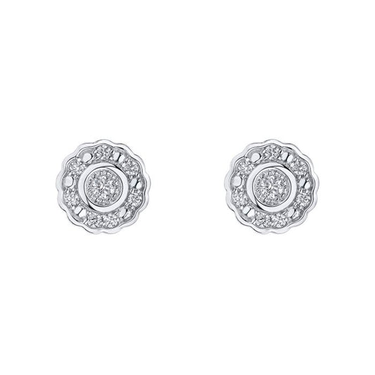 This is of Bezel Set Diamond Cluster Stud Earrings in 9ct white Gold on  a white background