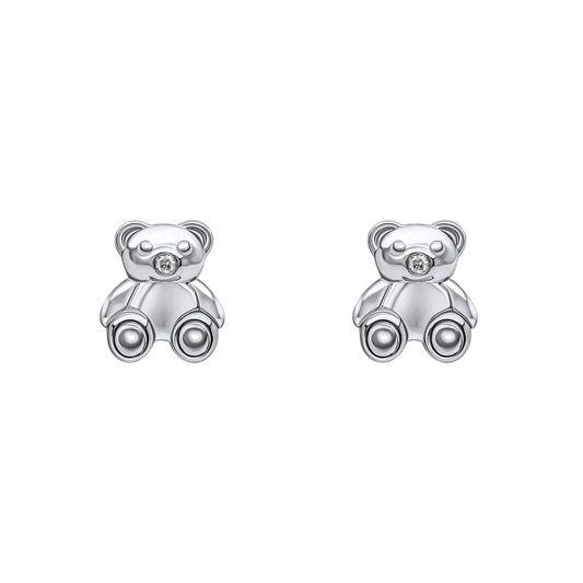 Children’s and babies' silver teddy bear stud earrings with diamond nose on a white background, featuring an adorable teddy bear design crafted in polished silver with a sparkling diamond accent, perfect for adding a touch of charm and elegance to a young jewelry collection.