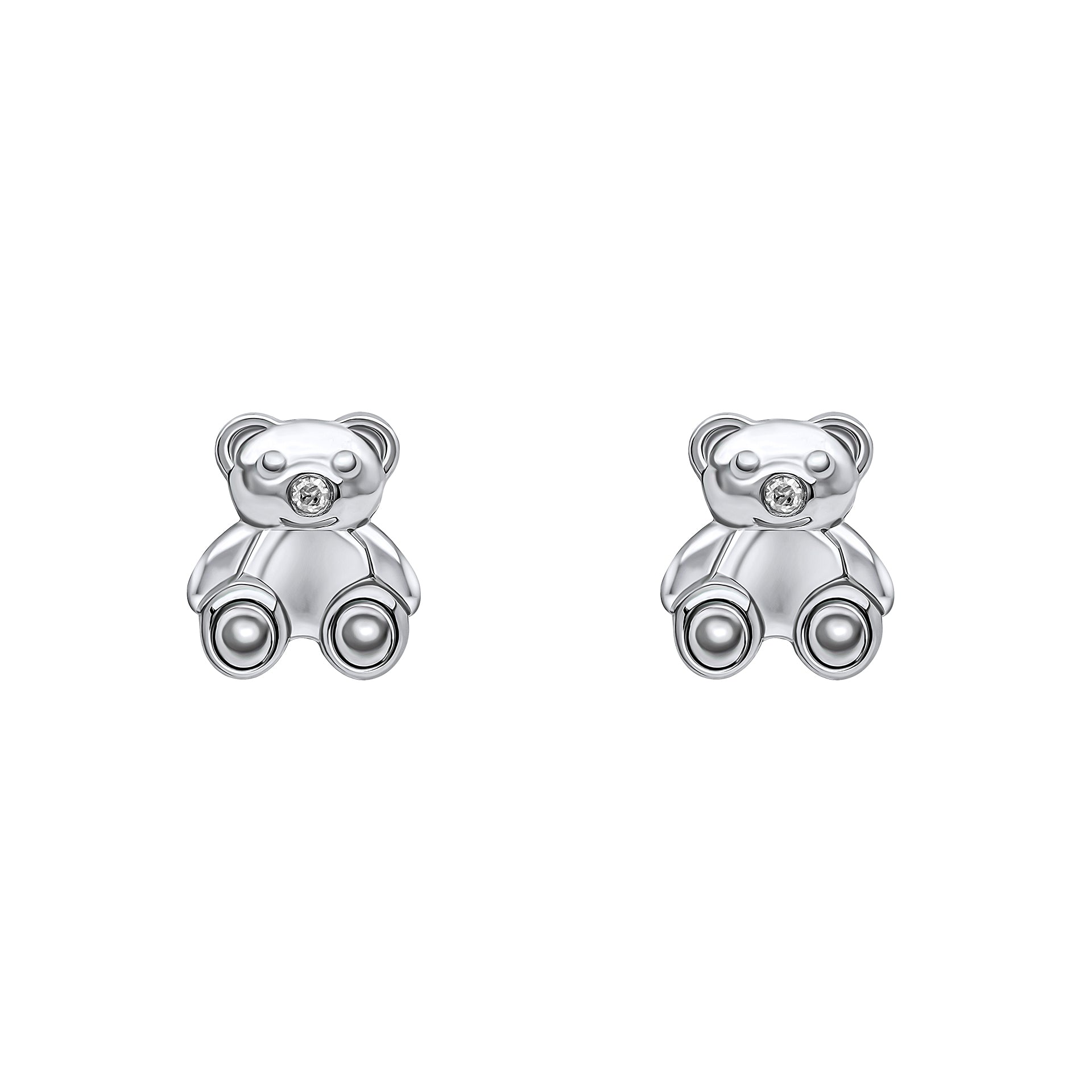 Children’s and babies' silver teddy bear stud earrings with diamond nose on a white background, featuring an adorable teddy bear design crafted in polished silver with a sparkling diamond accent, perfect for adding a touch of charm and elegance to a young jewelry collection.
