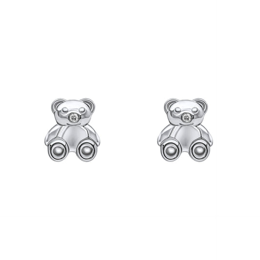 Children’s and babies' silver teddy bear stud earrings with diamond nose on a white background, featuring an adorable teddy bear design crafted in polished silver with a sparkling diamond accent, perfect for adding a touch of charm and elegance to a young jewelry collection.
