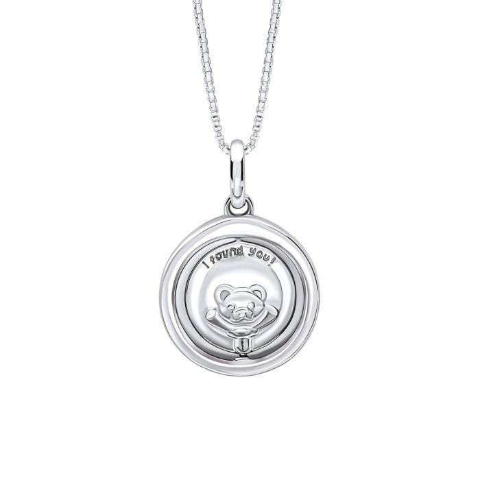 Children’s Silver Teddy Bear Necklace on a white background, featuring a charming teddy bear pendant crafted in polished silver, perfect as a timeless and adorable keepsake for babies and young children.