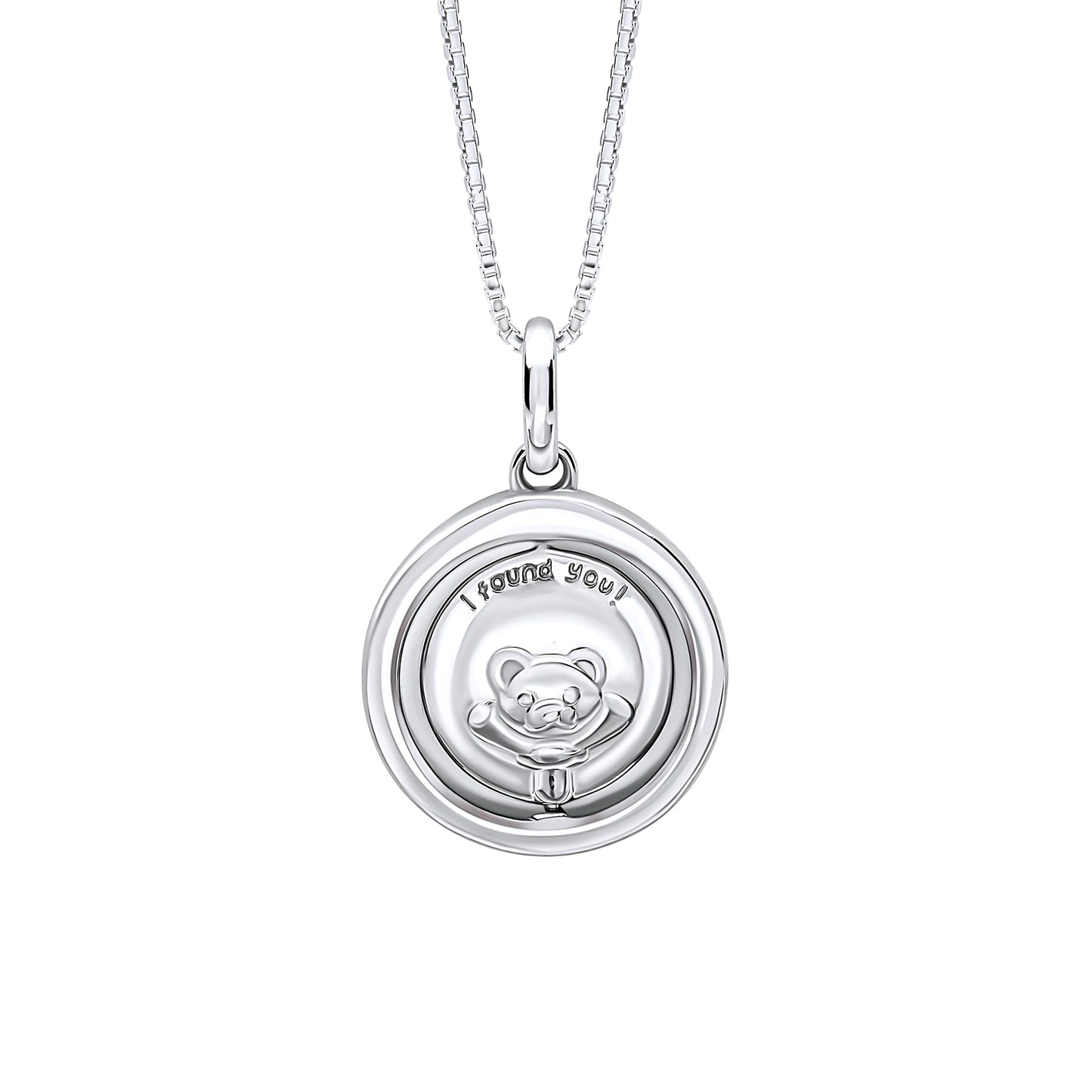 Children’s Silver Teddy Bear Necklace front side on a white background, featuring a charming teddy bear pendant crafted in sterling silver, plated with platinum perfect as a timeless and adorable keepsake for babies and young children.