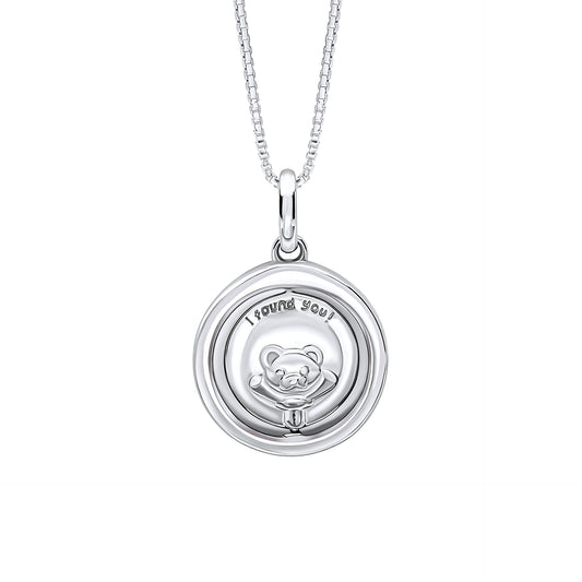 Children’s Silver Teddy Bear Necklace front side on a white background, featuring a charming teddy bear pendant crafted in sterling silver, plated with platinum perfect as a timeless and adorable keepsake for babies and young children.