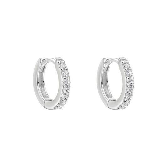 Pair of silver Crystal Hoop earrings on trend Heggie style everyday wear sleeper clasp hoops on a white background