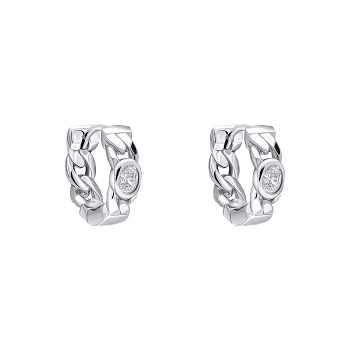 Cubic Zirconia in Silver Fiorelli Chain Hoop Huggie Earrings IMG_0046 on a white background, featuring a sleek and modern chain-link design adorned with sparkling cubic zirconia accents, perfect for adding elegance and sophistication to any jewelry collection.