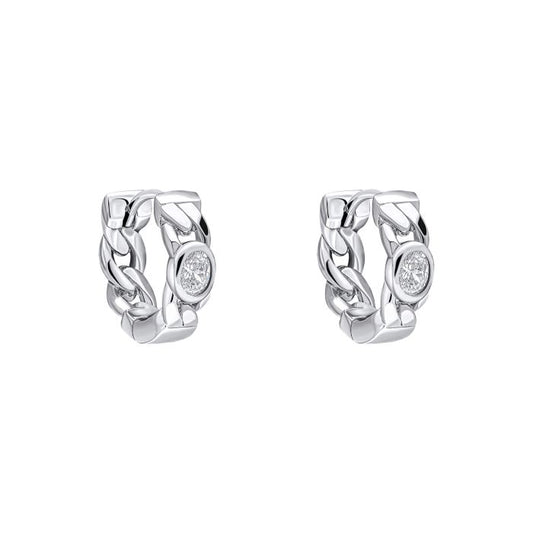 Cubic Zirconia in Silver Fiorelli Chain Hoop Huggie Earrings IMG_0046 on a white background, featuring a sleek and modern chain-link design adorned with sparkling cubic zirconia accents, perfect for adding elegance and sophistication to any jewelry collection.