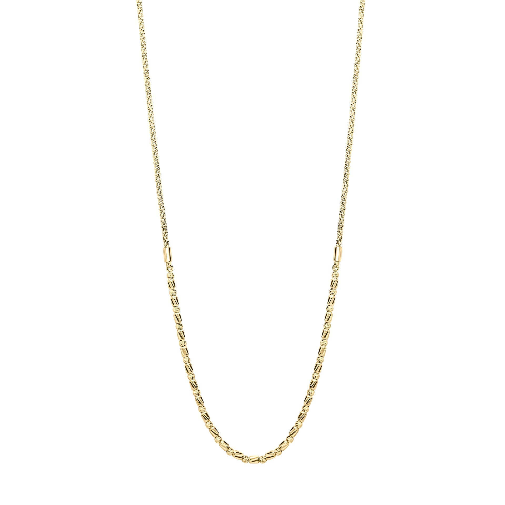 Diamond Cut Bead Bar Gold Necklace on white background