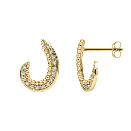 Diamond and Stippled Edge Swirl Gold Earrings