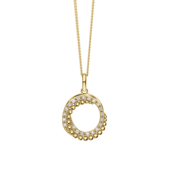 Diamond and Stippled Edge Swirl Gold Pendant Necklace