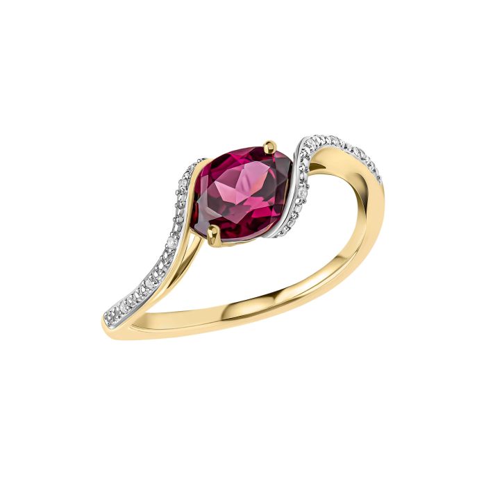 Elegant 9ct Gold Twist Ring with Garnet & Diamonds on a white background