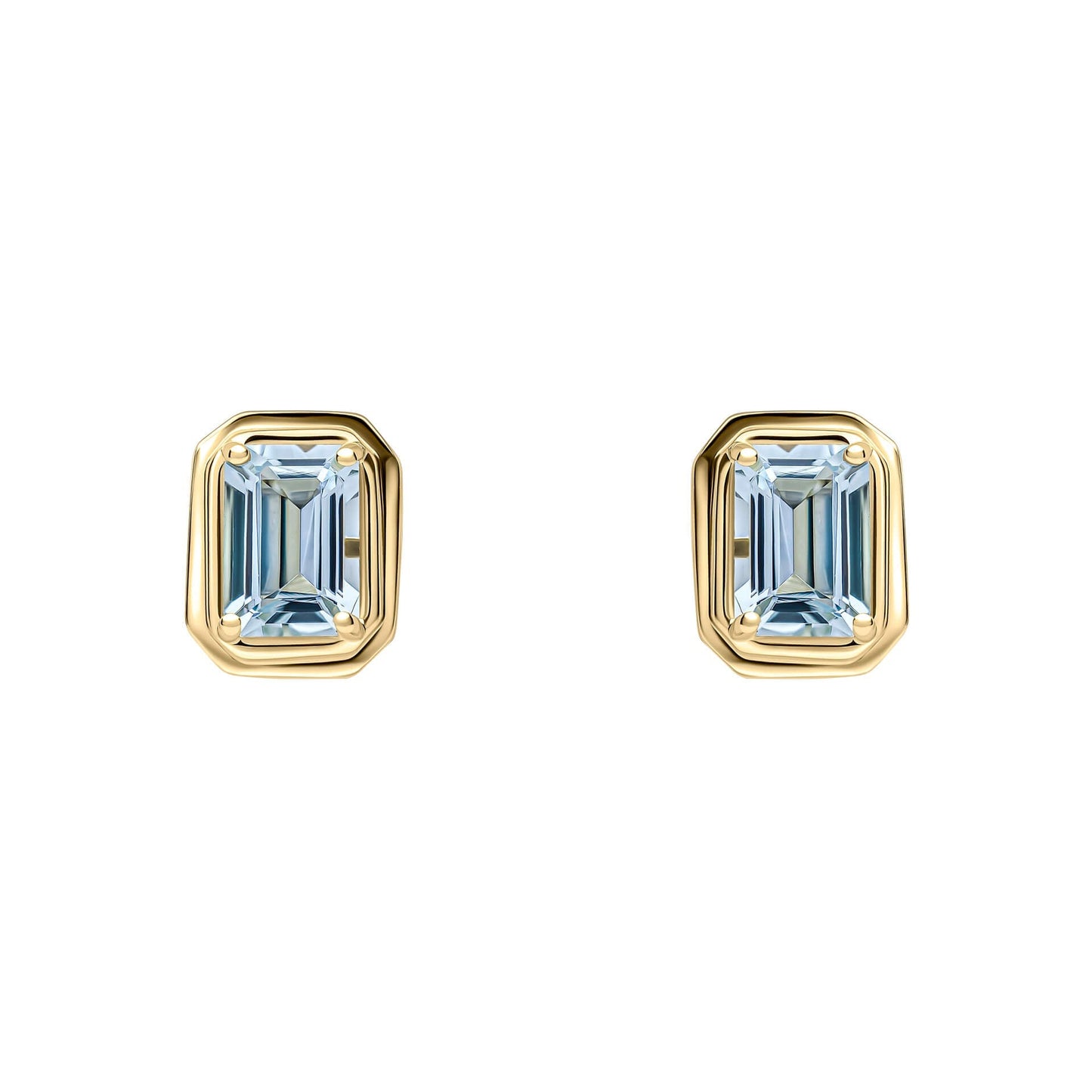 Elongated Octagon Aquamarine Gold Stud Earrings white background ge2475t