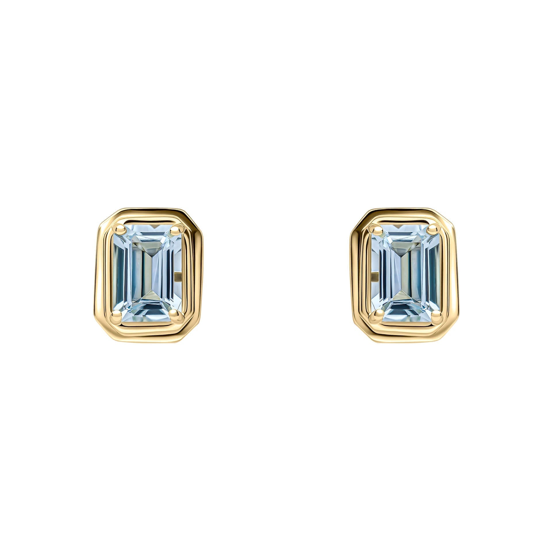 Elongated Octagon Aquamarine Gold Stud Earrings white background ge2475t