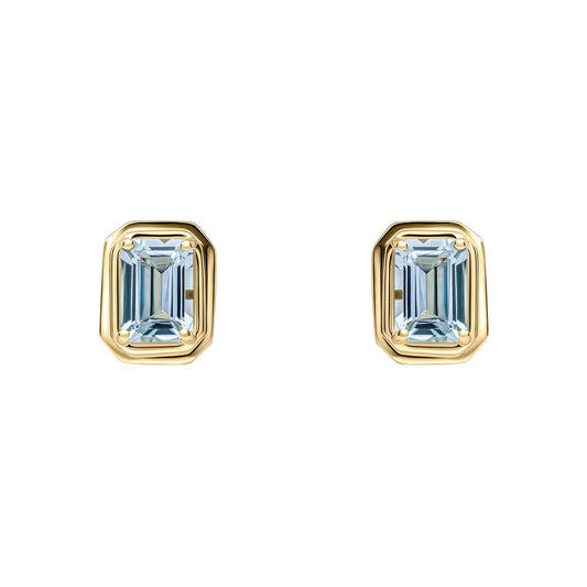 Elongated Octagon Aquamarine Gold Stud Earrings white background ge2475t