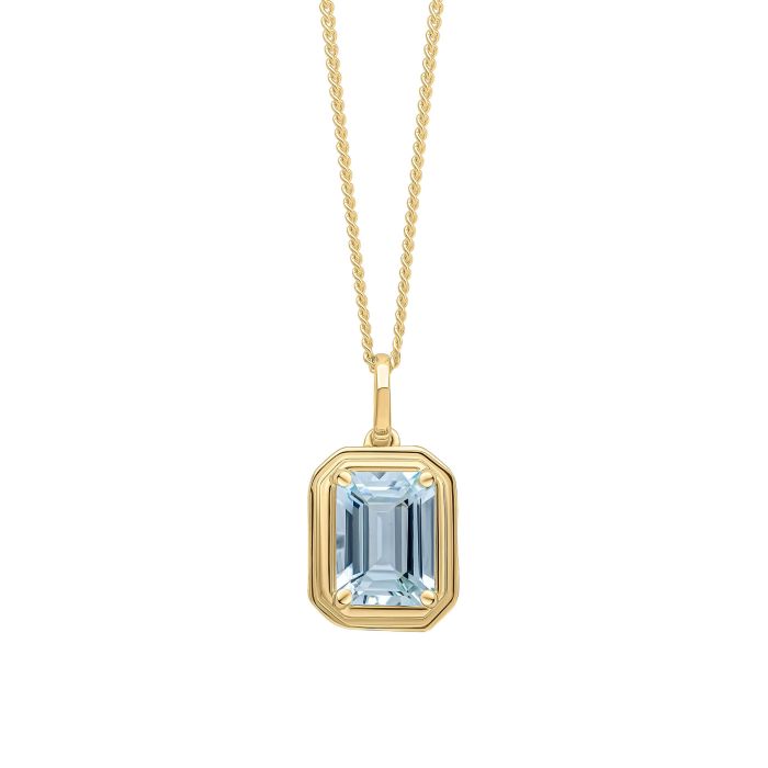 Elongated  Octagon Aquamarine Pendant Necklace Gold - 9ct on a white background