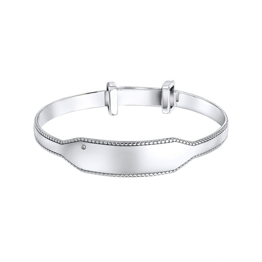 Expandable Silver Engravable Bangle with Diamond for Children and Babies on a white background, featuring a sleek and polished design with a customizable engraving area and a sparkling diamond accent, perfect as a timeless keepsake gift.
