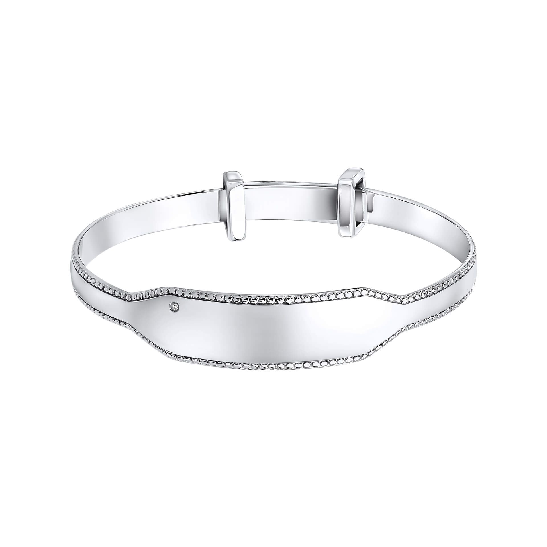 Expandable Silver Engravable Bangle with Diamond for Children and Babies IMG_0022 on a white background, featuring a sleek and polished design with a customizable engraving area and a sparkling diamond accent, perfect as a timeless keepsake gift.