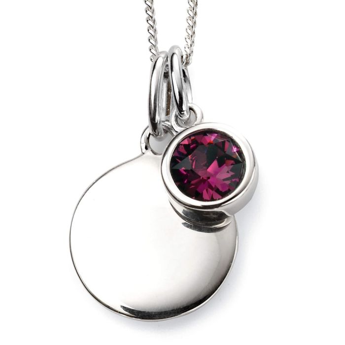 Close-up of February Birthstone Necklace with Engravable Disc in Sterling Silver, elegant pendant on a white background, perfect personalized gift for February birthdays.