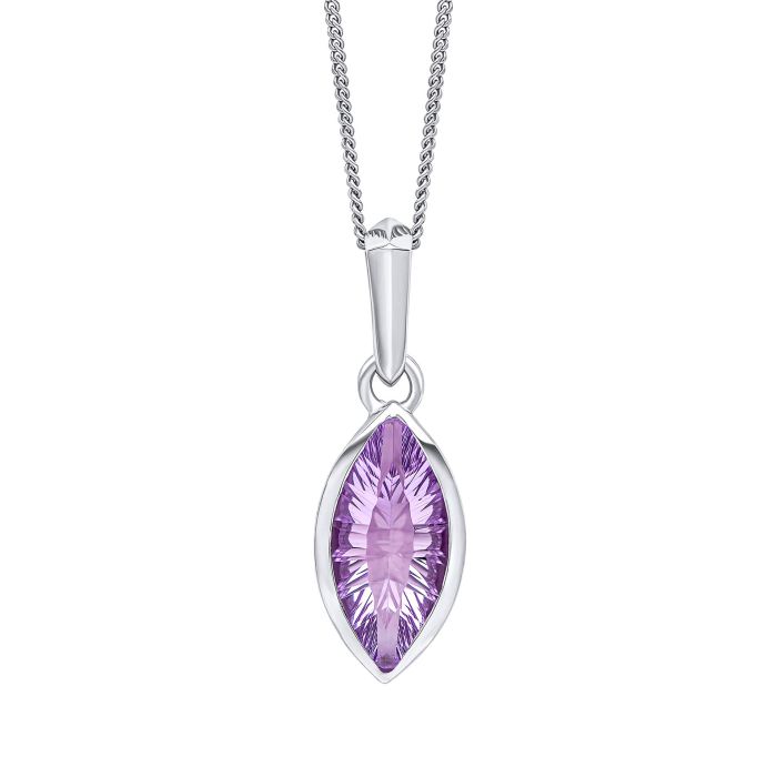 Fiorelli Concave Cut Amethyst Pendant p5427m on a white background, featuring an elegant concave-cut amethyst stone in a sleek and sophisticated design, perfect for adding a vibrant pop of color to any outfit.