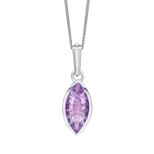 Fiorelli Concave Cut Amethyst Pendant p5427m on a white background, featuring an elegant concave-cut amethyst stone in a sleek and sophisticated design, perfect for adding a vibrant pop of color to any outfit.