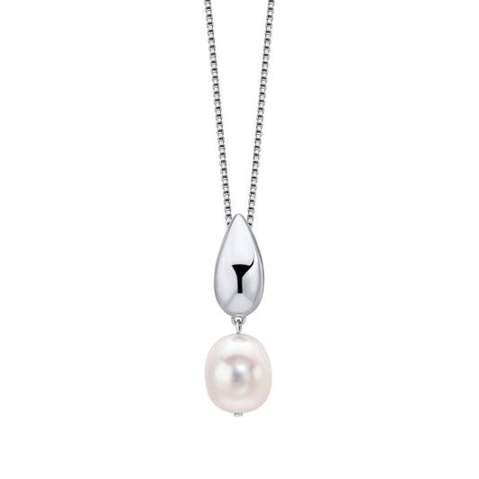 "Fiorelli Droplet Pendant with Pearl p5468w on a white background, featuring a timeless droplet design with a lustrous pearl centerpiece, perfect for adding elegance and sophistication to any outfit.