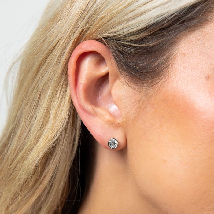 Model wearing Fiorelli Front and Back Earrings with Oval and Round Crystal Shapes e6462c in stud configuration, showcasing a versatile design with sparkling crystals, perfect for understated elegance and modern jewelry styling.