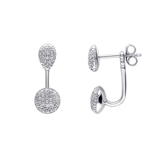 Front and back style earrings crafted from recycled sterling silver with platinum plating, featuring pave cubic zirconia stones. These interchangeable earrings allow customization with detachable drop sections, offering multiple styling options from classic stud to elegant drop earrings. Ethically sourced, responsibly manufactured, and certified skin-safe. Presented in a protective gift box for safe transit