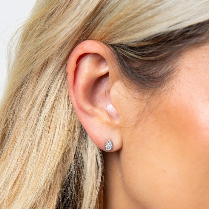 Model wearing Fiorelli Front and Back Earrings with Pave Droplet and Round Shapes e6463c in stud configuration, featuring a sleek design with sparkling pave detailing, perfect for modern and versatile jewelry styling.