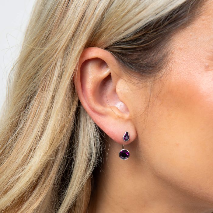 Model wearing Fiorelli Front and Back Earrings with Pear and Round Crystal Shapes e6507m elegent siple ideal for stacking 