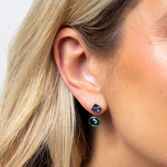 Fiorelli Front and Back Earrings with Square and Round Crystal Shapes e6508 modelfeaturing a versatile design crafted from sterling silver with sparkling crystals, perfect for customizable and elegant jewelry styling
