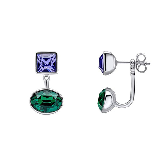 Fiorelli Front and Back Earrings with Square and Round Crystal Shapes e6508 on a white background, featuring a versatile design with sparkling square and round crystals, perfect for customizable and elegant jewelry styling.