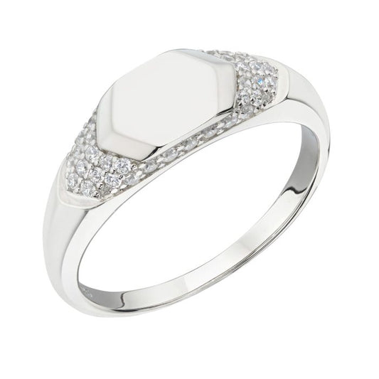 Fiorelli Hexagonal Signet Ring with Cubic Zirconia r3799c on a white background, featuring a bold geometric design with sparkling stone accents, perfect for modern and sophisticated jewelry styling.