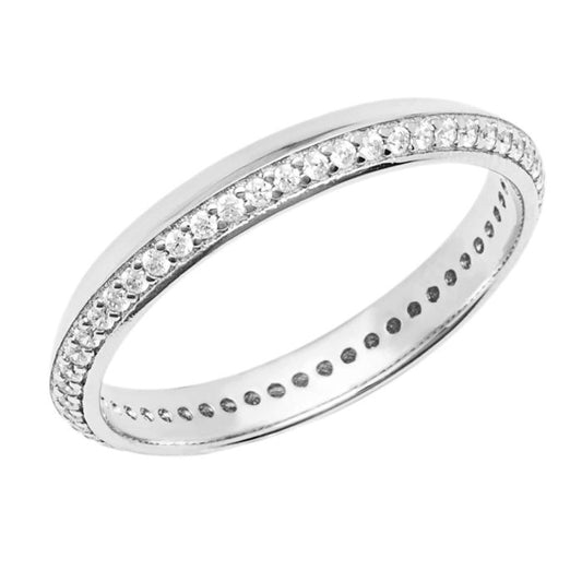 Fiorelli Knife Edge Eternity Ring with Cubic Zirconia r3818c on a white background, featuring a sleek knife-edge design and sparkling cubic zirconia stones, perfect for timeless and elegant jewelry styling.