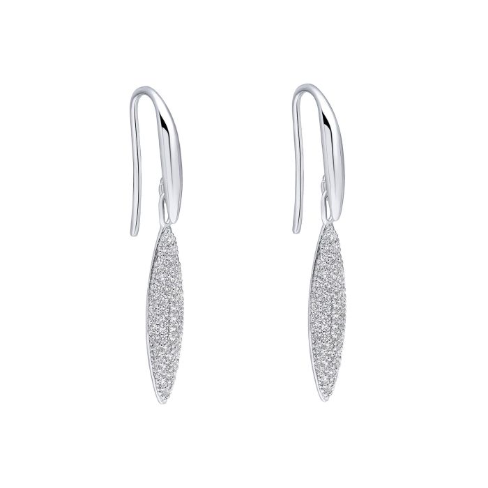 Fiorelli Long Navette Drop Earrings e6451c on a white background, featuring an elegant navette-shaped design with sparkling cubic zirconia accents, perfect for adding sophistication and glamour to any outfit.