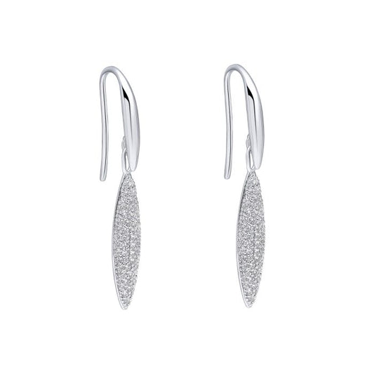 Fiorelli Long Navette Drop Earrings e6451c on a white background, featuring an elegant navette-shaped design with sparkling cubic zirconia accents, perfect for adding sophistication and glamour to any outfit.