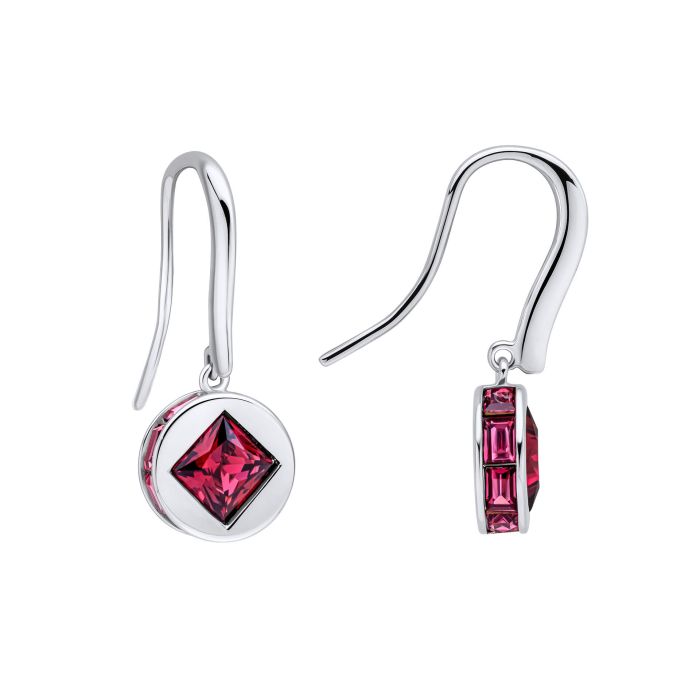 Fiorelli Mixed Shape Fuchsia Crystal Earrings e6459p on a white background, featuring a bold and vibrant design with mixed-shaped fuchsia crystals, perfect for adding elegance and a pop of color to any jewelry collection.