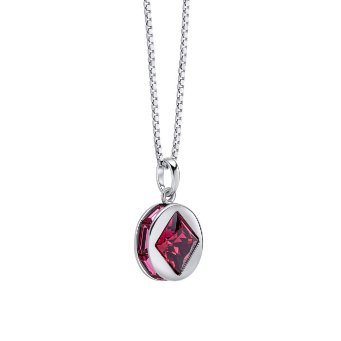 Fiorelli Mixed Shape Fuchsia Red Crystal Pendant p5438p side view on a white background, featuring a vibrant design with mixed-shaped fuchsia and red crystals, perfect for adding a bold and elegant touch to any outfit.