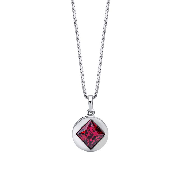 Fiorelli Mixed Shape Fuchsia Red Crystal Pendant p5438p front view on a white background, featuring a striking design with mixed-shaped fuchsia and red crystals, perfect for adding bold elegance and sophistication to any jewelry collection.