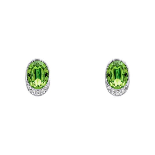 Fiorelli Oval Green Crystal Stud Earrings with Cubic Zirconia Wave e6464g on a white background, featuring an elegant oval design with vibrant green crystals and sparkling cubic zirconia accents, perfect for adding sophistication and a touch of color to any outfit.