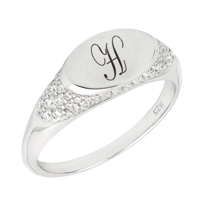 Fiorelli Oval Signet Ring with Cubic Zirconia r3798c, engraved with a personalized design, featuring a sleek silver finish and sparkling stone accents, perfect for elegant and custom jewelry.