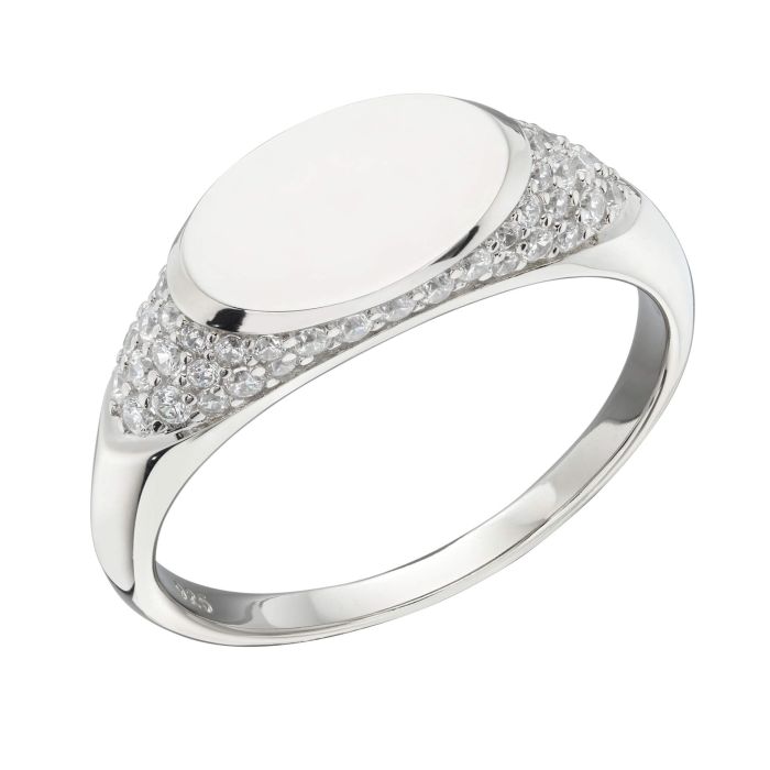 Fiorelli Oval Signet Ring with Cubic Zirconia r3798c on a white background, featuring a sleek design with sparkling stone accents, ideal for modern and elegant jewelry styling.