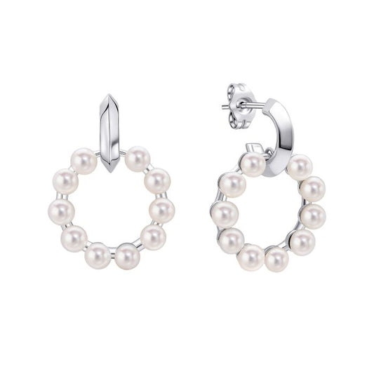 Fiorelli Pearl Circle Earrings e6456w on a white background, featuring an elegant circular design with lustrous pearls, perfect for adding timeless sophistication and modern elegance to any jewelry collection.