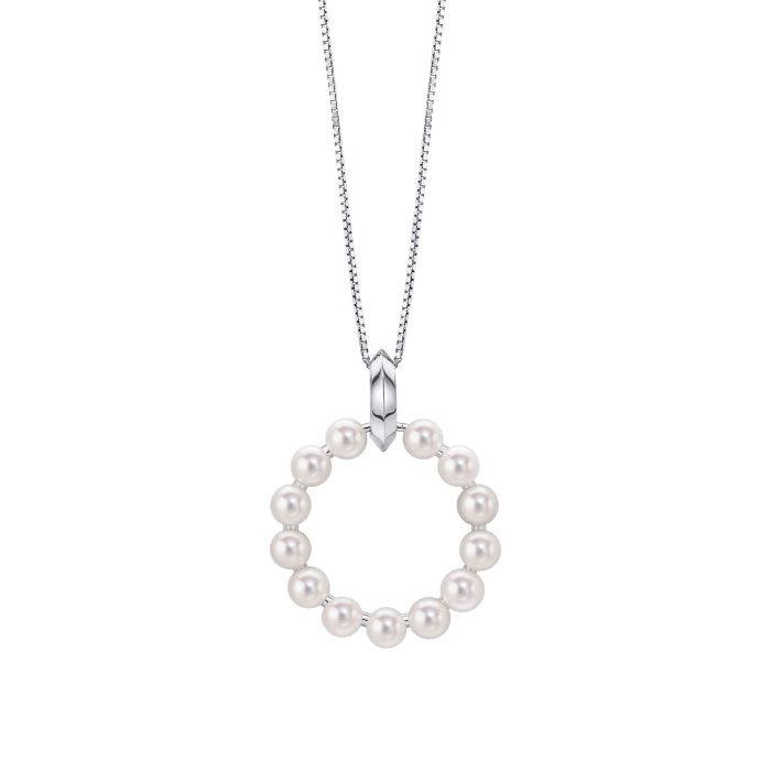 Fiorelli Pearl Circle Pendant p5436w on a white background, featuring an elegant circular design with a lustrous pearl centerpiece, perfect for adding timeless sophistication and elegance to any jewelry collection.