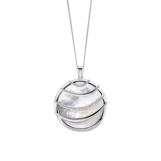 Fiorelli Sweeping Mother of Pearl Inlay Pendant p5435w, featuring an elegant sweeping design with a luminous mother of pearl inlay, perfect for adding sophistication and timeless beauty to any jewelry collection.