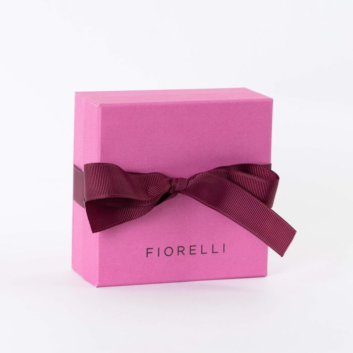 Fiorelli jewelry gift box in bright hot pink with a burgundy bow on a white background, perfect for presenting elegant jewelry pieces in a stylish and eye-catching package