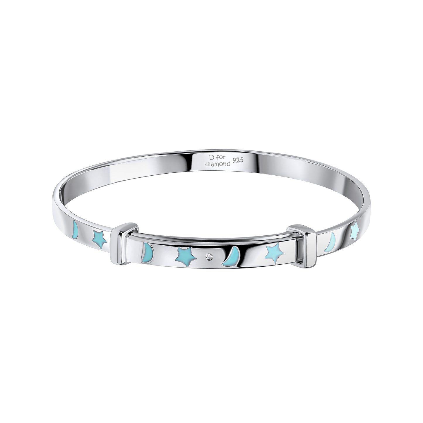 Glow in the Dark Star and Moon Silver Expandable Bangle with Diamond on a white background, featuring a magical celestial design with glow-in-the-dark star and moon details, a sparkling diamond accent, and a polished silver finish, perfect as a whimsical and elegant jewellery piece for children.