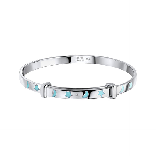 Glow in the Dark Star and Moon Silver Expandable Bangle with Diamond on a white background, featuring a magical celestial design with glow-in-the-dark star and moon details, a sparkling diamond accent, and a polished silver finish, perfect as a whimsical and elegant jewellery piece for children.