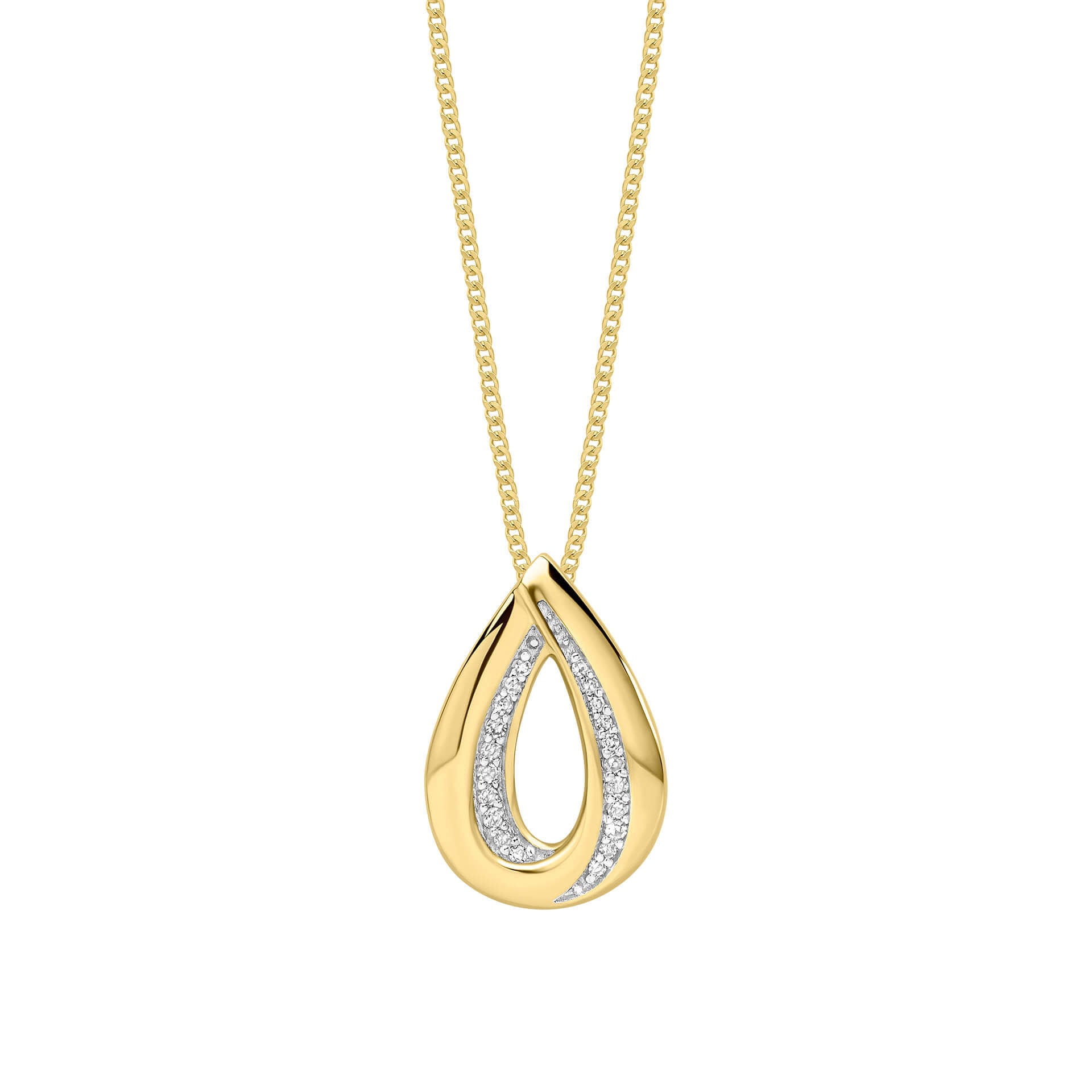 Gold Cut Out Diamond Teardrop Pendant necklace on white background 