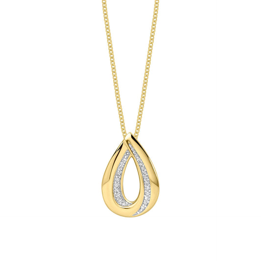 Gold Cut Out Diamond Teardrop Pendant necklace on white background 