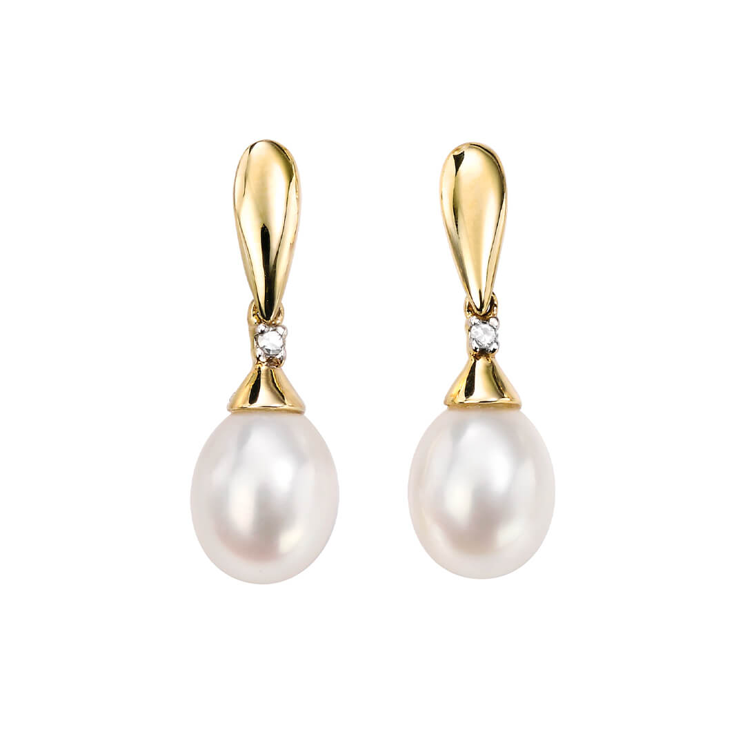 Gold Freshwater Pearl & Diamond Drop Earrings on white background